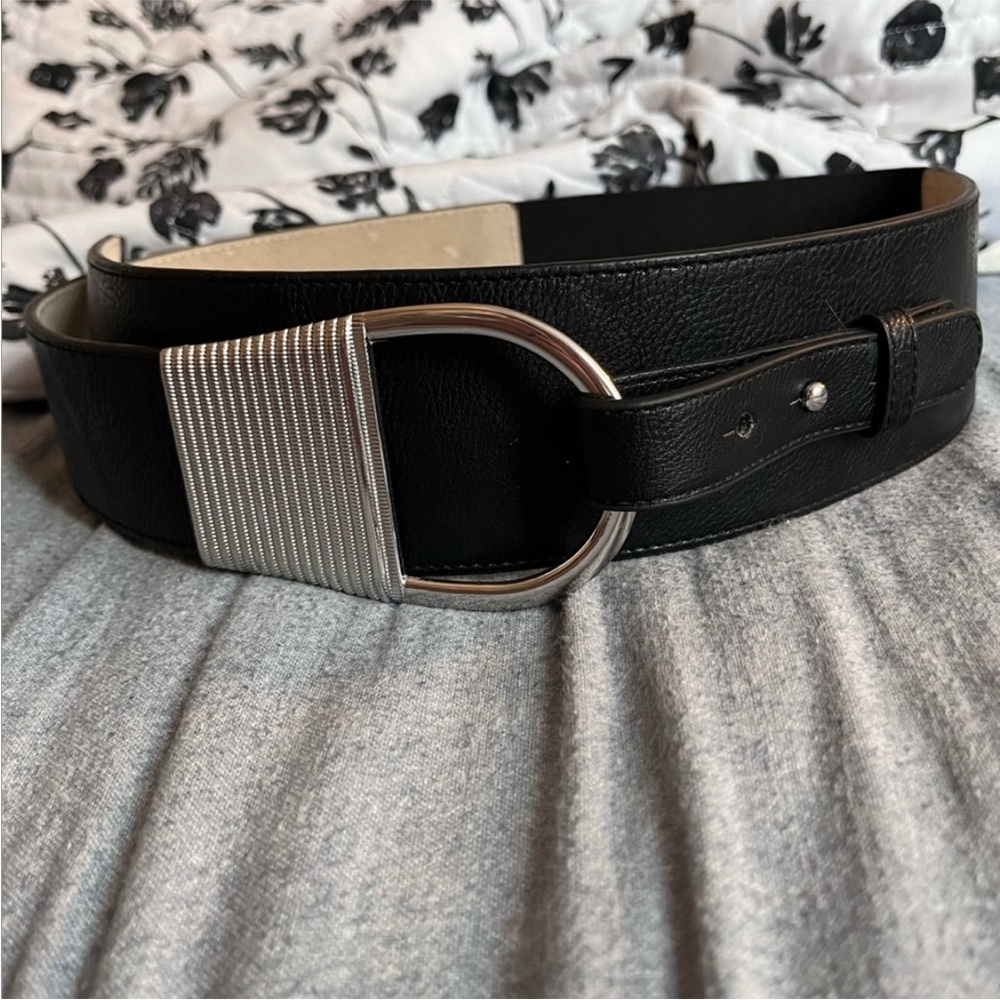Chico’s Black Leather Belt with Silver Buckle